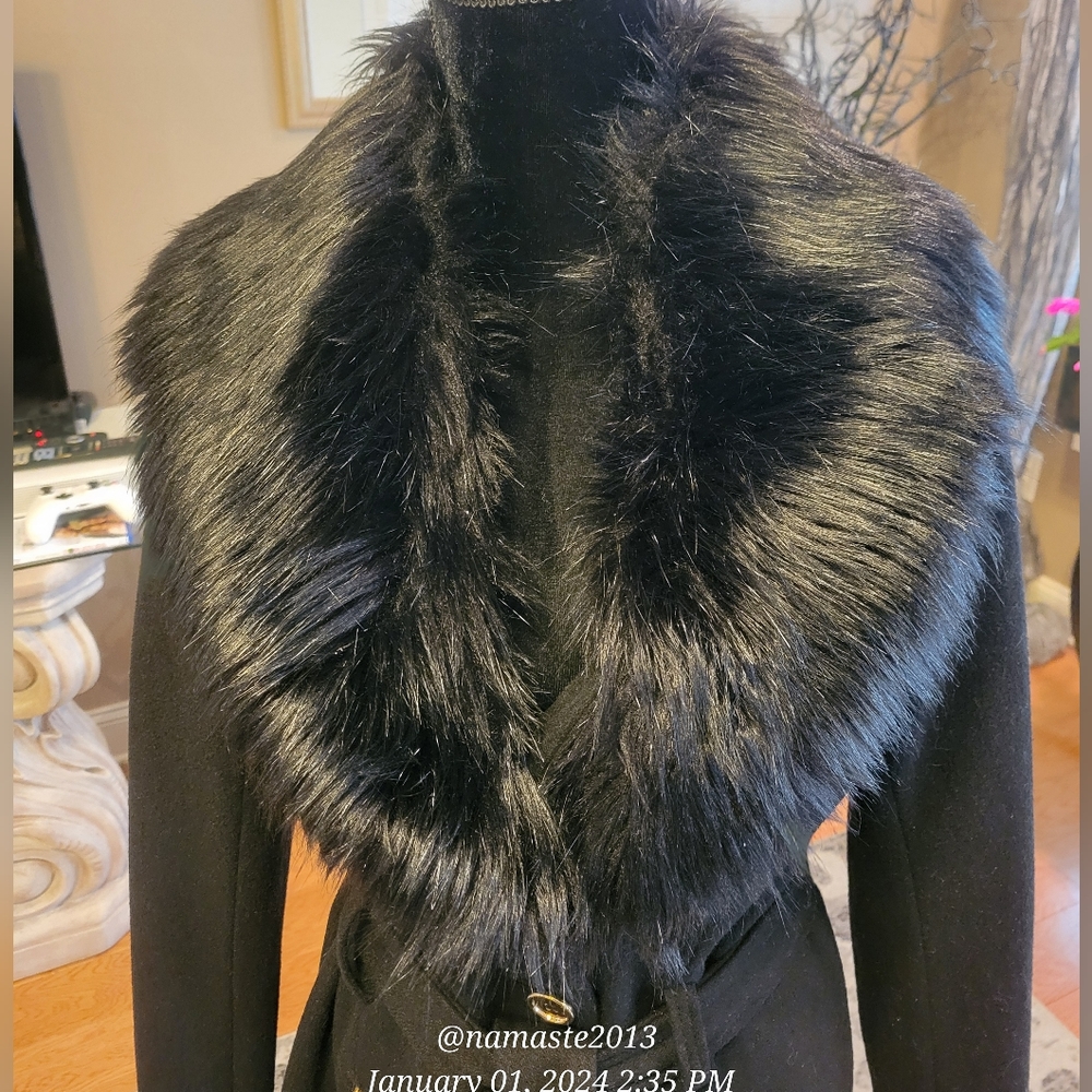 Guess Wool Blend Faux Fur Collar Pea Coat Luxury Designer Jacket Winter #677 - Picture 7 of 15